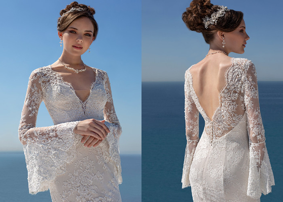 Chantilly Lace And Tulle Fitted A Line Ball Gown Wedding Dress Split Long Sleeves