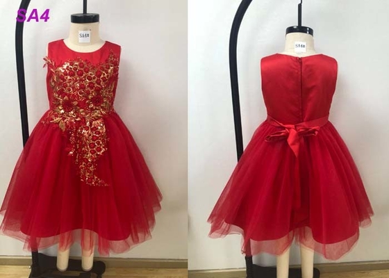 王女フラワー・ガール/短い尾赤いフラワー・ガールの服に玉を付けるレース パターンは服を着ます